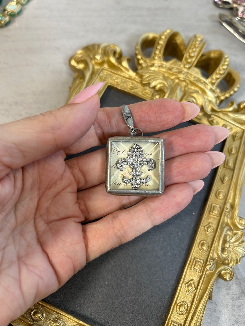 Jewel Kade Crystal Fleur-de-Lis Square Pendant - Silver Tone